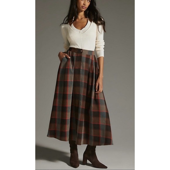 NEW! Anthropologie Mare Mare Full Plaid Maxi Skirt Sz Small Western Old Money